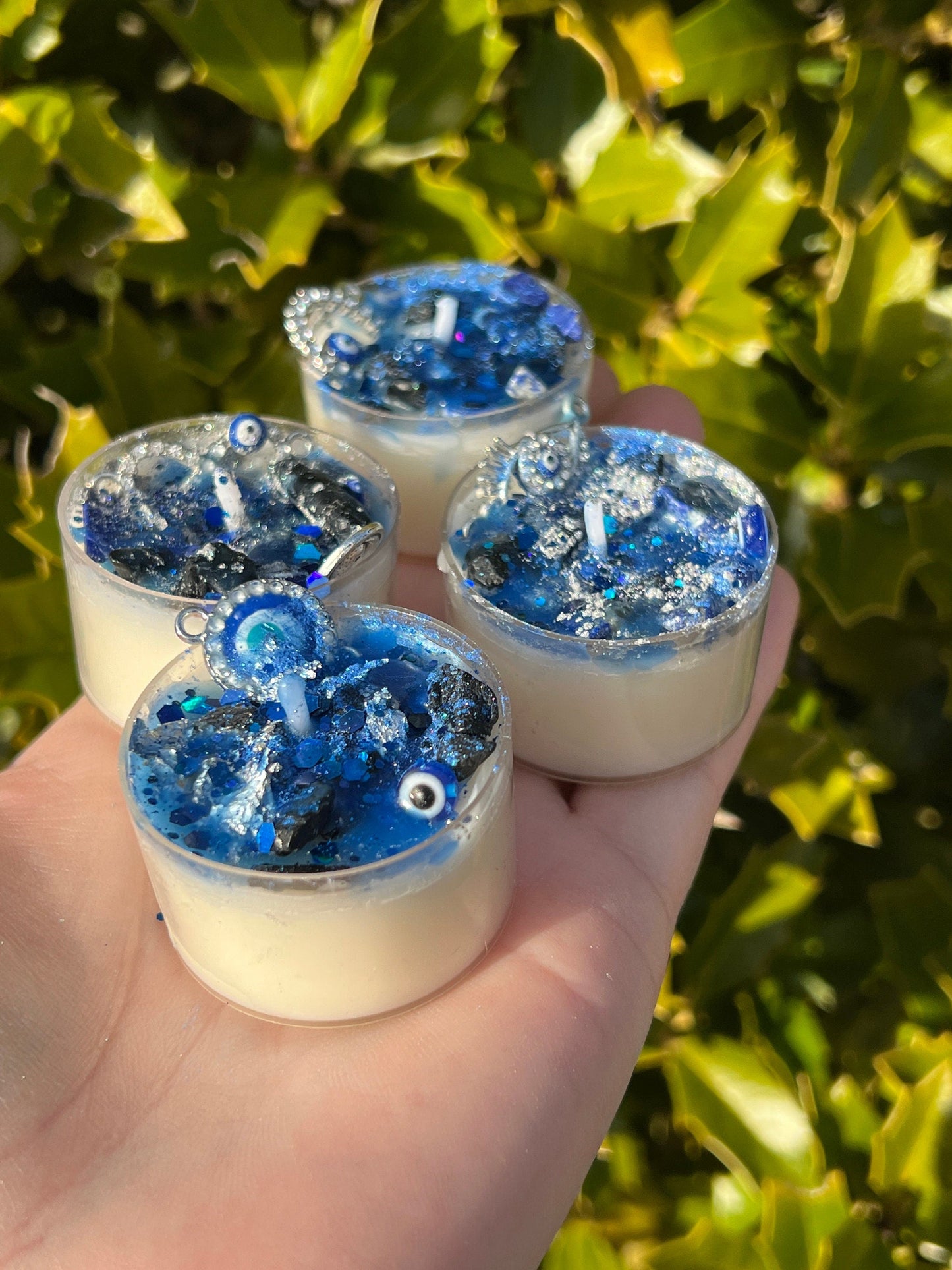 Evil Eye Protection Candles Vegan Witchcraft Pagan Gift Loaded Tea Light Spell Ritual Altar Intention Crystal Lapis Lazuli Black Tourmaline